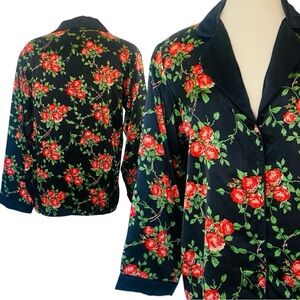 Vintage 100% Silk Red Roses Black Floral Print Pajama Top Button Front Blouse